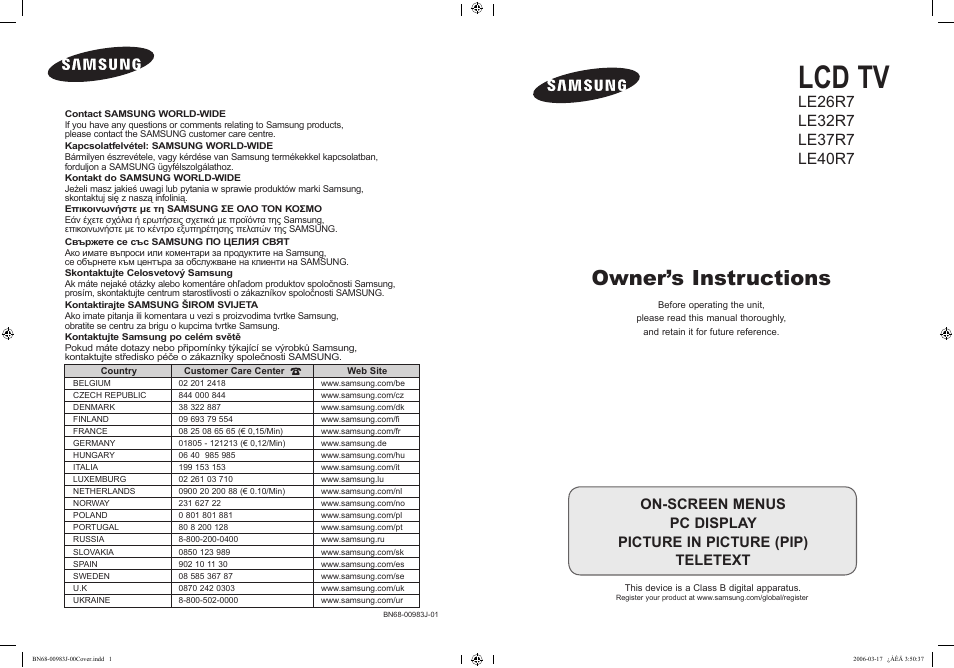 Samsung LE32R71W User Manual | 212 pages