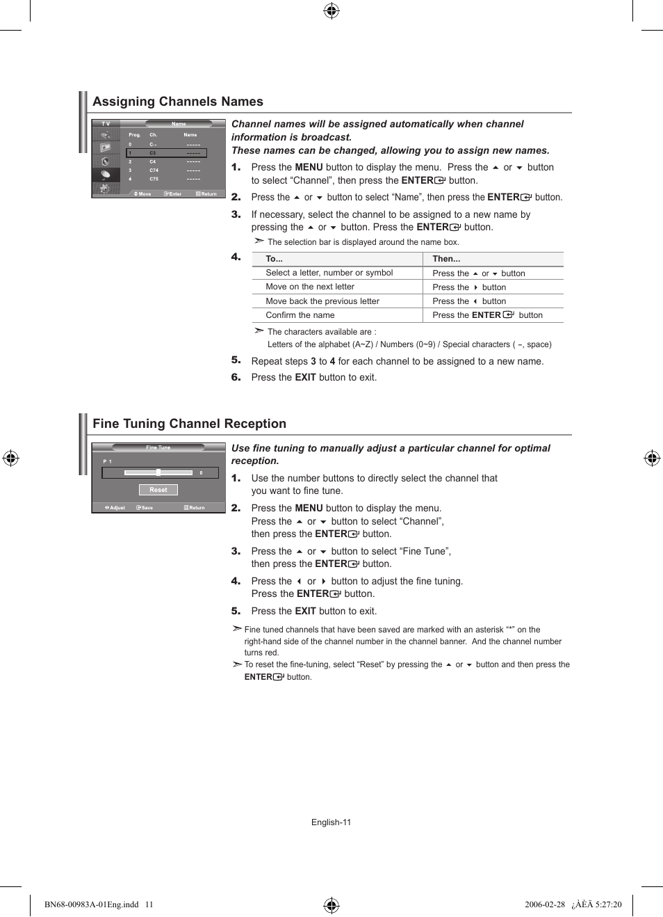 Assigning channels names, Fine tuning channel reception | Samsung LE32R71W User Manual | Page 13 / 212