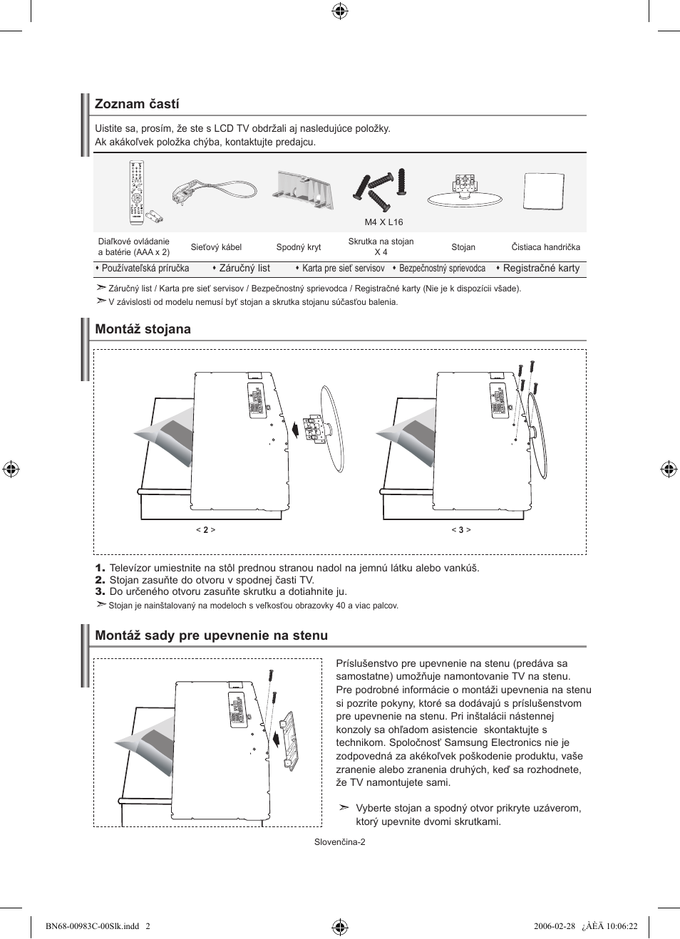 Zoznam častí, Montáž stojana, Montáž sady pre upevnenie na stenu | Samsung LE32R71W User Manual | Page 134 / 212