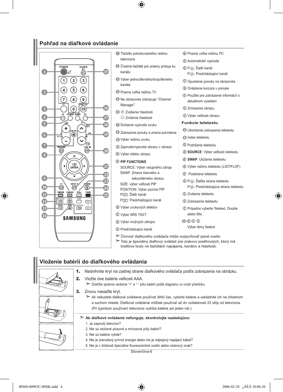 Vloženie batérií do diaľkového ovládania, Pohľad na diaľkové ovládanie | Samsung LE32R71W User Manual | Page 138 / 212