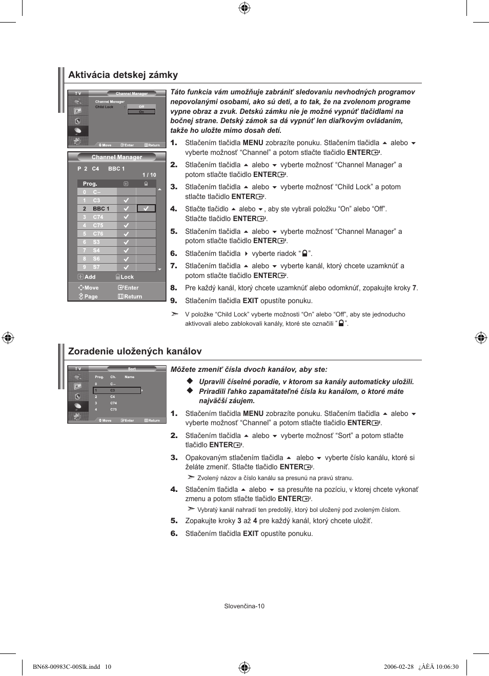 Zoradenie uložených kanálov, Aktivácia detskej zámky | Samsung LE32R71W User Manual | Page 142 / 212