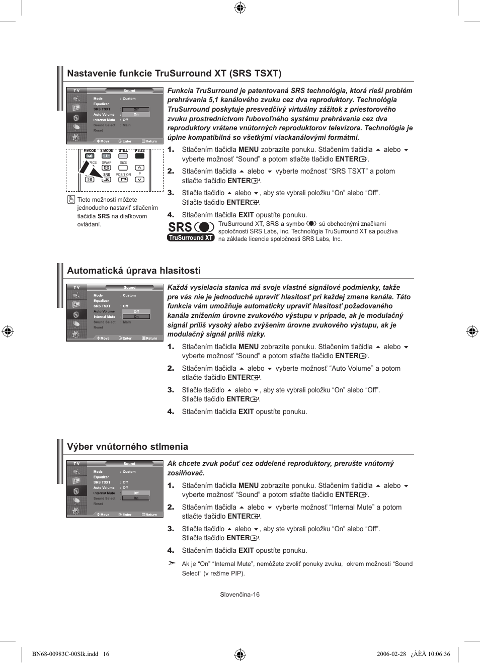 Nastavenie funkcie trusurround xt (srs tsxt), Automatická úprava hlasitosti, Výber vnútorného stlmenia | Samsung LE32R71W User Manual | Page 148 / 212