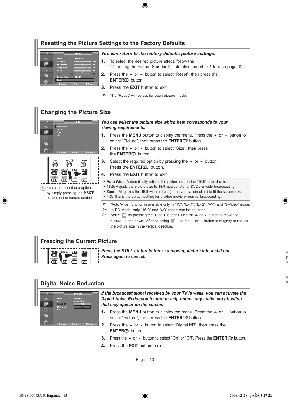 Changing the picture size, Freezing the current picture, Digital noise reduction | Samsung LE32R71W User Manual | Page 15 / 212