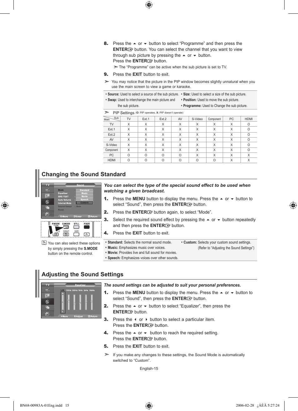 Setting the sound, Changing the sound standard, Adjusting the sound settings | Samsung LE32R71W User Manual | Page 17 / 212