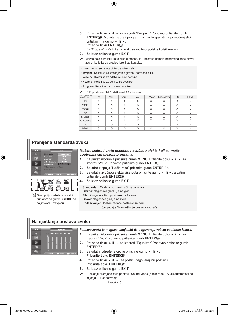 Promjena standarda zvuka, Namještanje postava zvuka | Samsung LE32R71W User Manual | Page 173 / 212