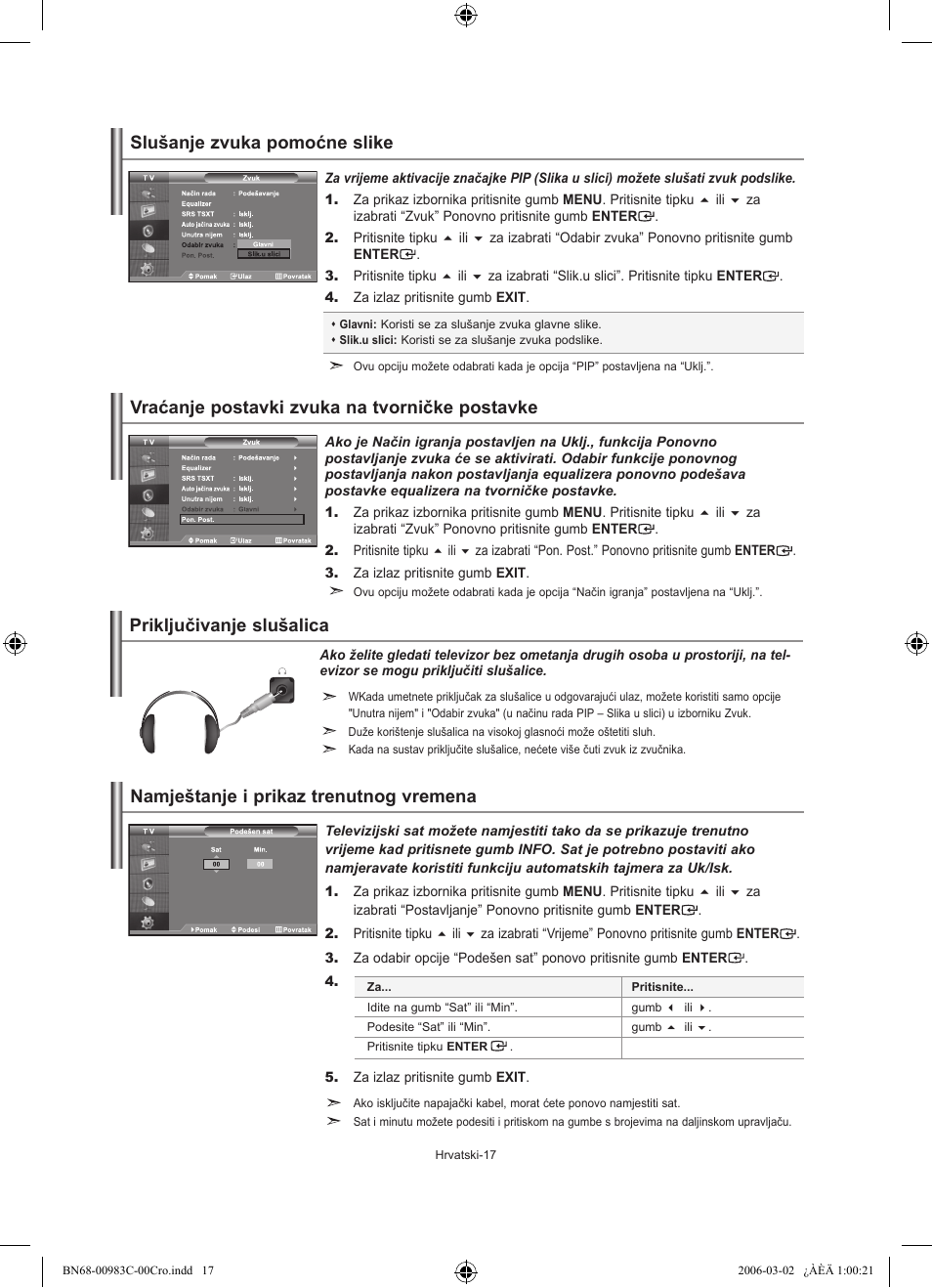 Vraćanje postavki zvuka na tvorničke postavke, Priključivanje slušalica | Samsung LE32R71W User Manual | Page 175 / 212