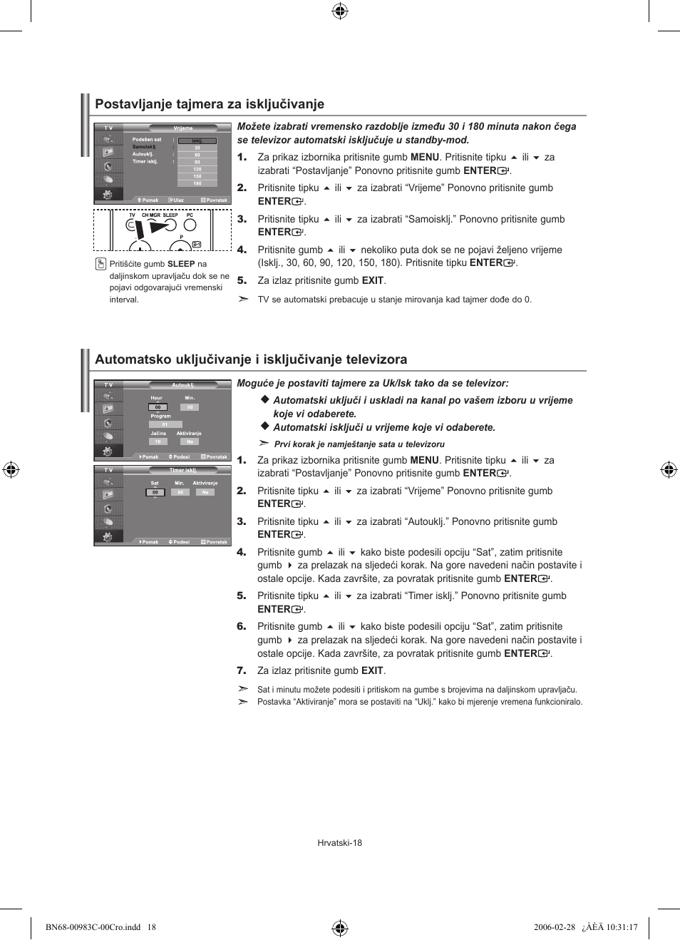 Postavljanje tajmera za isključivanje, Automatsko uključivanje i isključivanje televizora | Samsung LE32R71W User Manual | Page 176 / 212