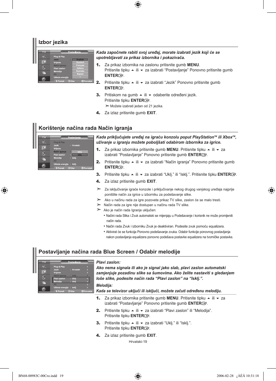 Izbor jezika, Korištenje načina rada način igranja | Samsung LE32R71W User Manual | Page 177 / 212