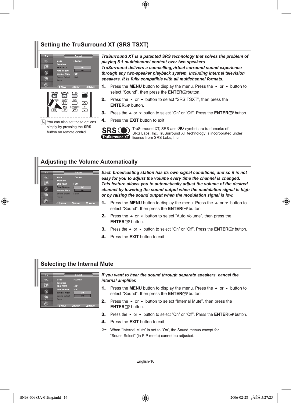 Setting the trusurround xt (srs tsxt), Adjusting the volume automatically, Selecting the internal mute | Samsung LE32R71W User Manual | Page 18 / 212