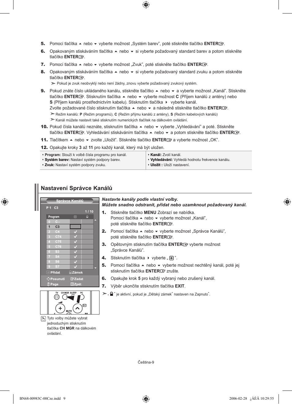 Nastavení správce kanálů | Samsung LE32R71W User Manual | Page 193 / 212