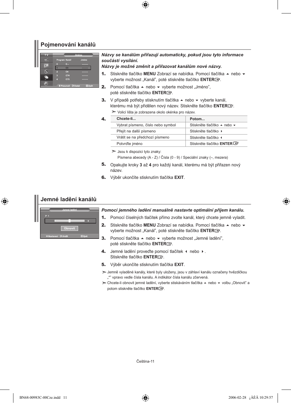 Pojmenování kanálů jemné ladění kanálů | Samsung LE32R71W User Manual | Page 195 / 212