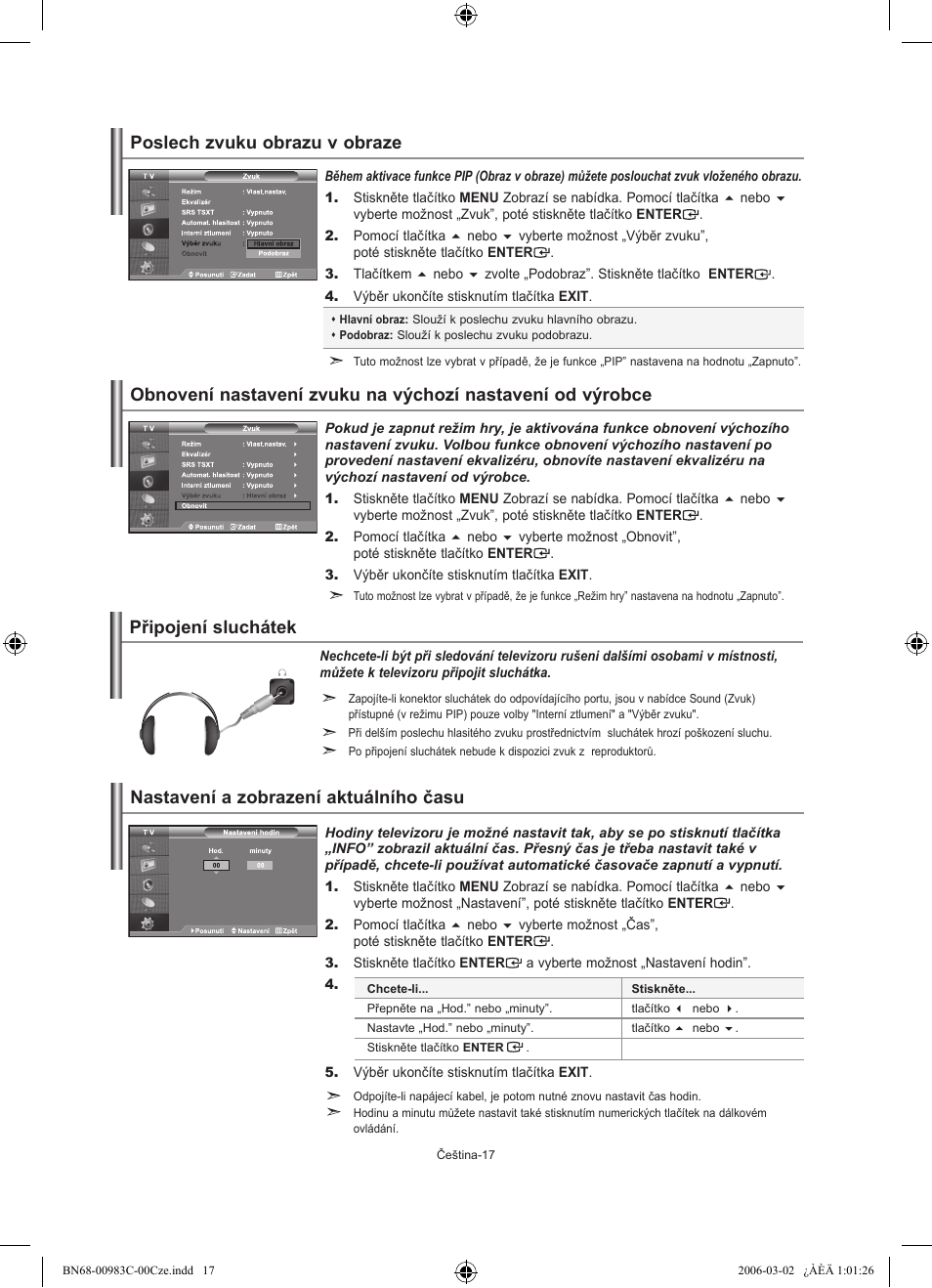 Poslech zvuku obrazu v obraze, Nastavení a zobrazení aktuálního času, Připojení sluchátek | Samsung LE32R71W User Manual | Page 201 / 212