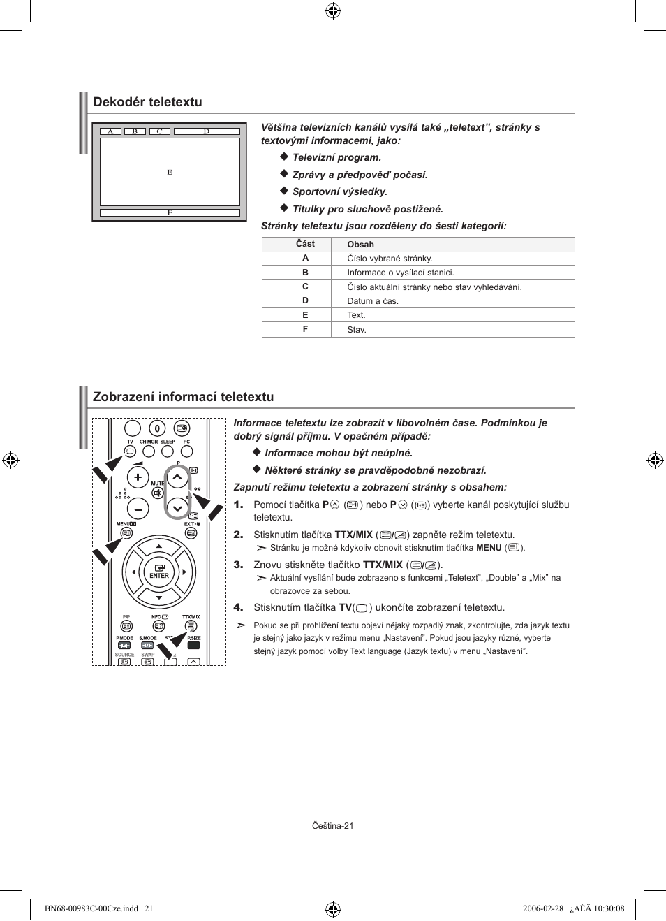 Dekodér teletextu zobrazení informací teletextu | Samsung LE32R71W User Manual | Page 205 / 212