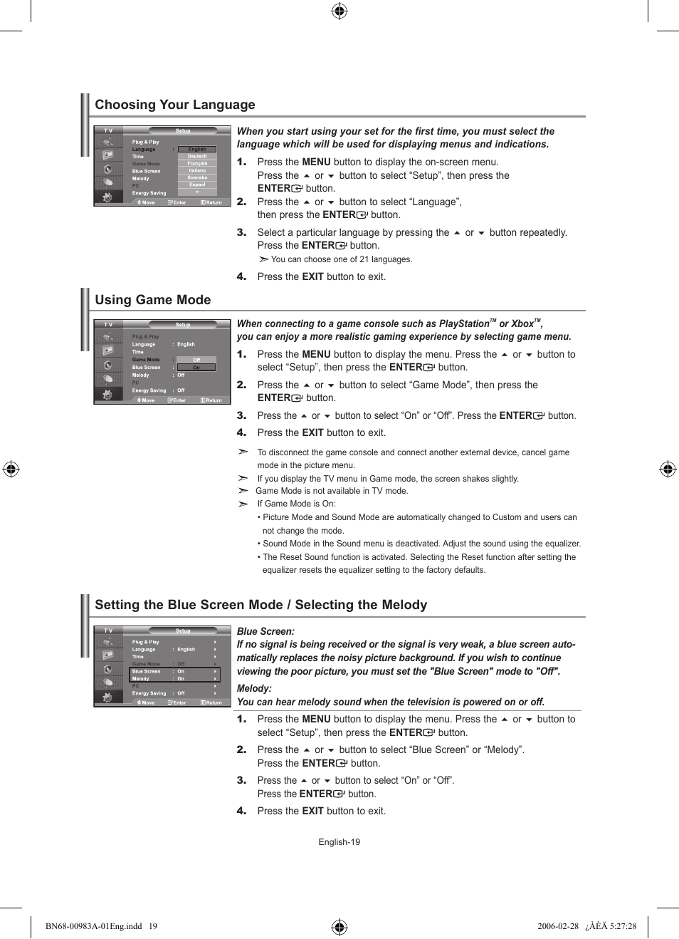 Setting the others, Choosing your language, Using game mode | Using game mode choosing your language | Samsung LE32R71W User Manual | Page 21 / 212