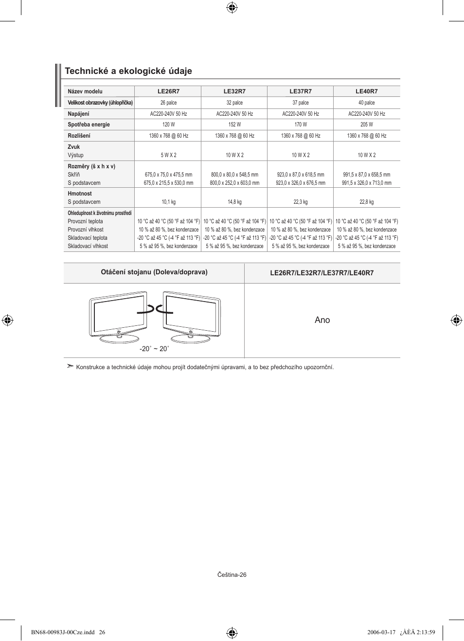 Technické a ekologické údaje | Samsung LE32R71W User Manual | Page 210 / 212