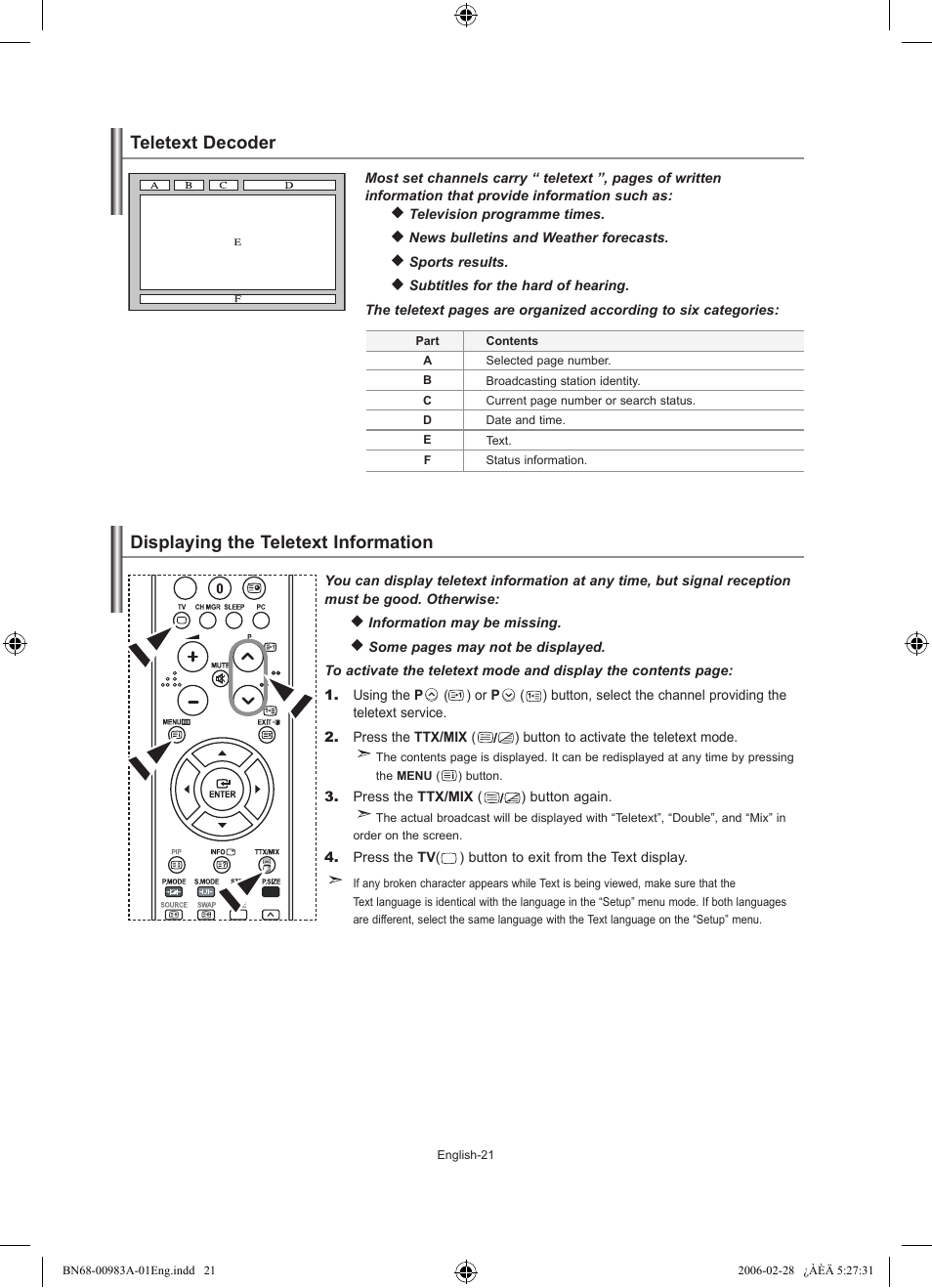 Using the teletext feature, Teletext decoder, Displaying the teletext information | Samsung LE32R71W User Manual | Page 23 / 212