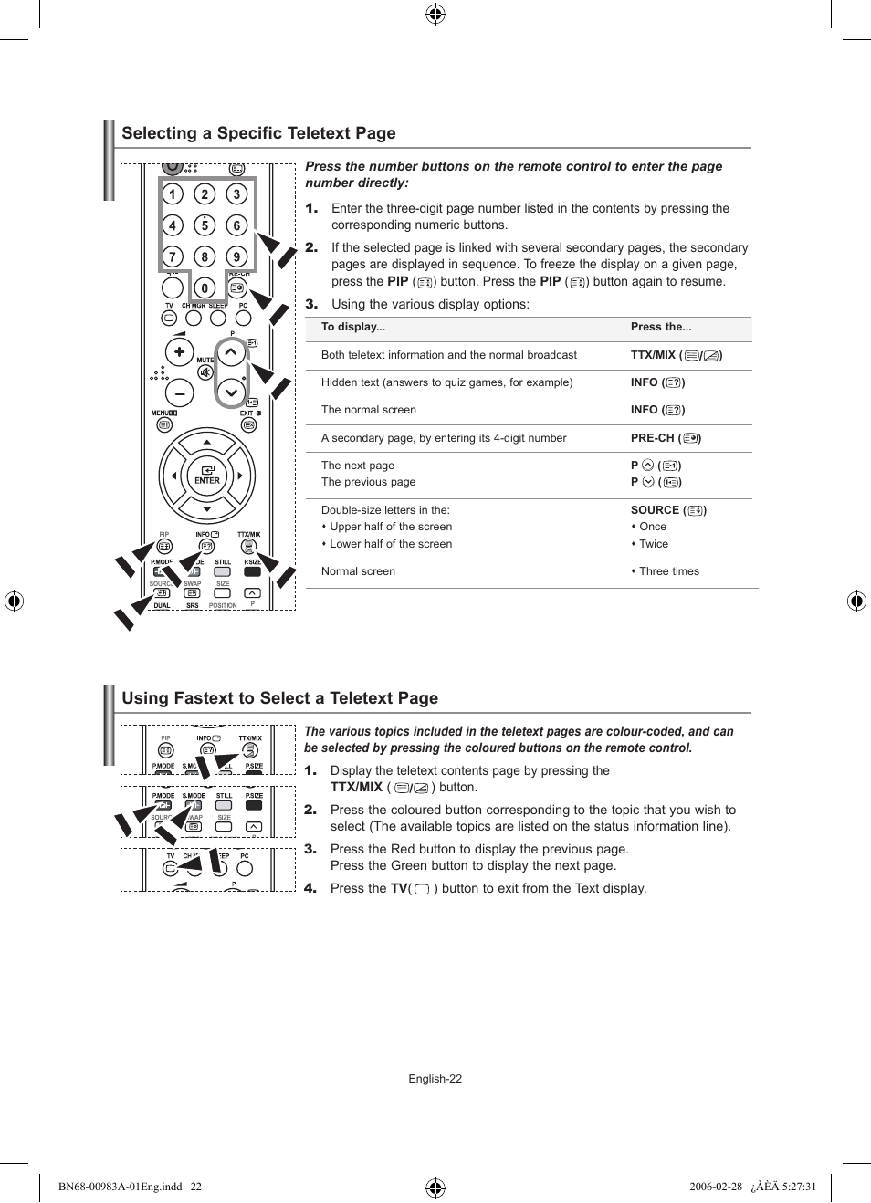 Selecting a specific teletext page, Using fastext to select a teletext page | Samsung LE32R71W User Manual | Page 24 / 212