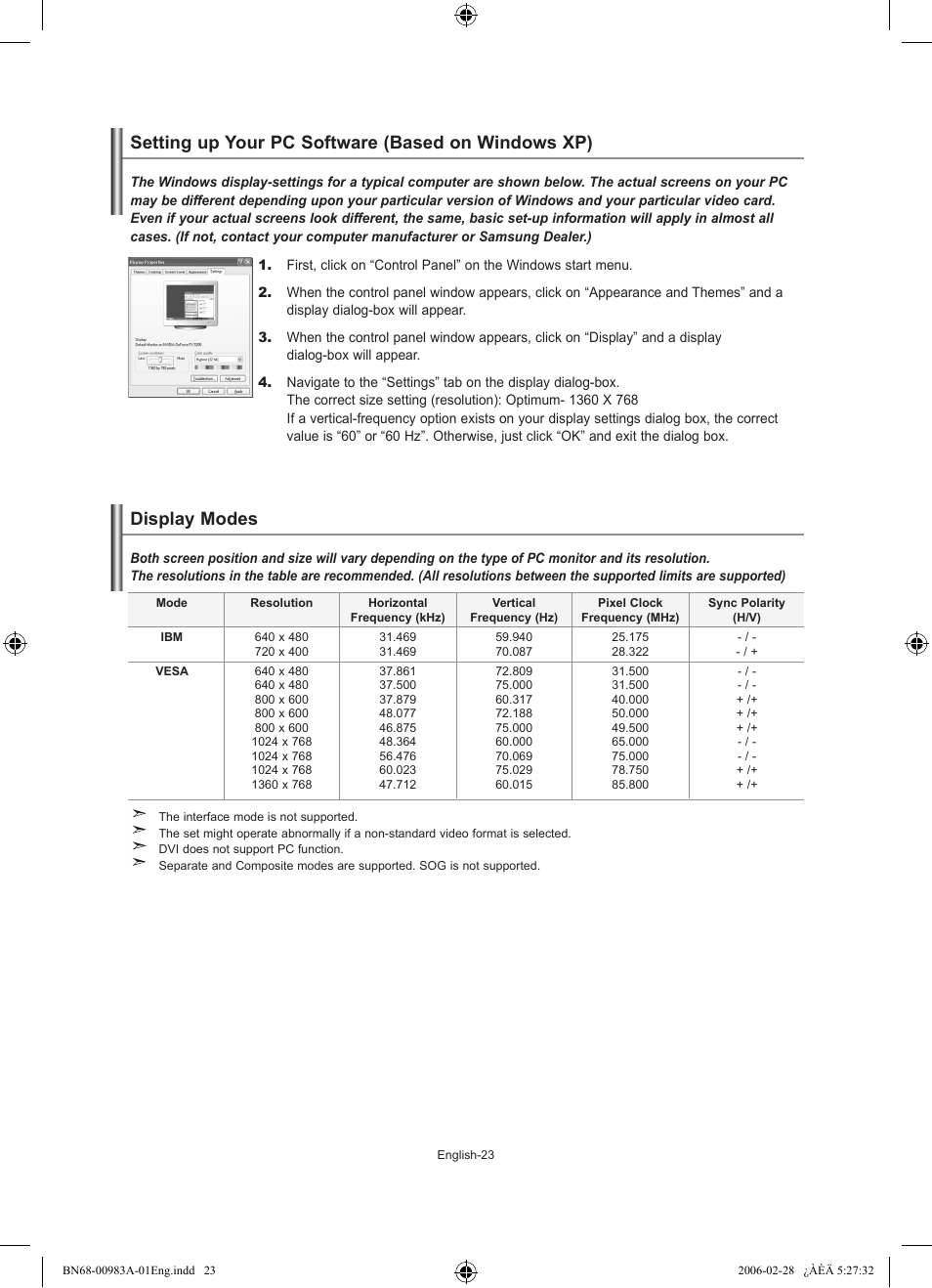 Setting the pc, Setting up your pc software (based on windows xp), Display modes | Samsung LE32R71W User Manual | Page 25 / 212