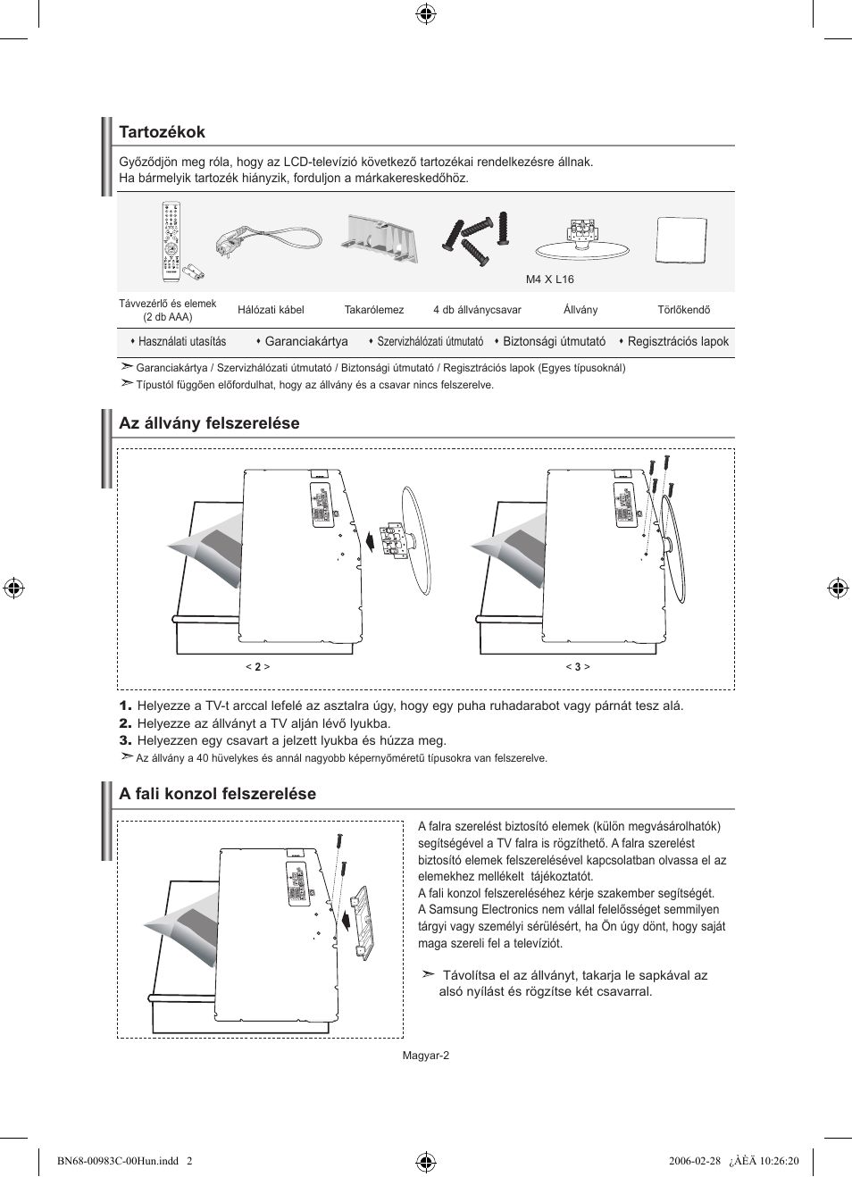 Tartozékok, Az állvány felszerelése, A fali konzol felszerelése | Samsung LE32R71W User Manual | Page 30 / 212