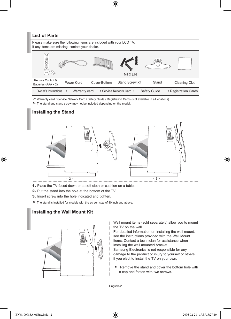 Connecting and preparing your tv, List of parts, Installing the stand | Installing the wall mount kit | Samsung LE32R71W User Manual | Page 4 / 212