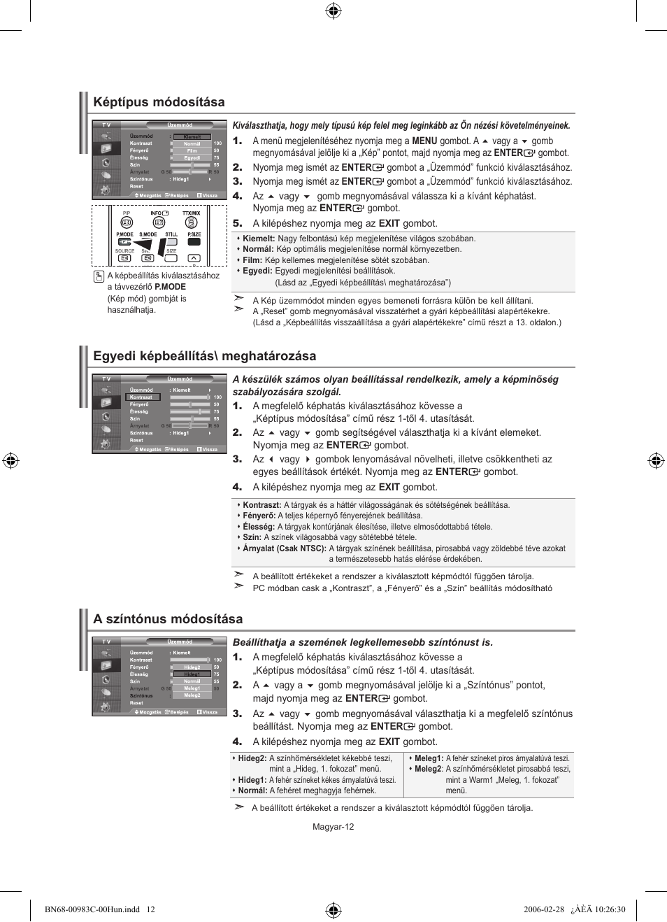 A színtónus módosítása | Samsung LE32R71W User Manual | Page 40 / 212