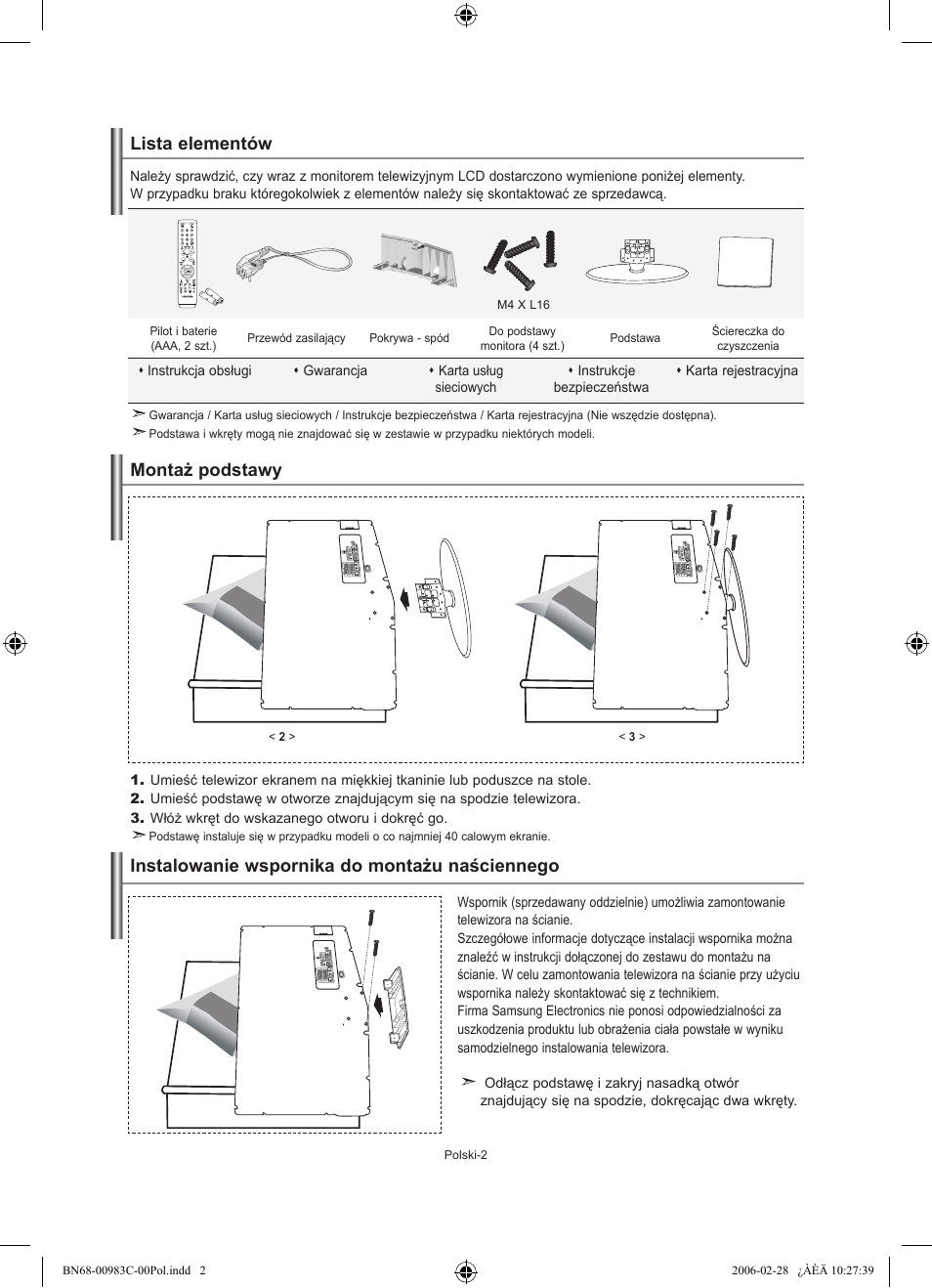 Lista elementów montaż podstawy, Instalowanie wspornika do montażu naściennego | Samsung LE32R71W User Manual | Page 56 / 212