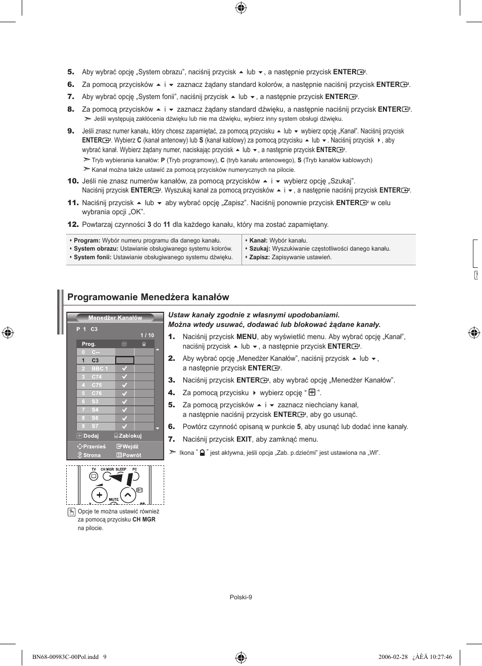 Programowanie menedżera kanałów | Samsung LE32R71W User Manual | Page 63 / 212