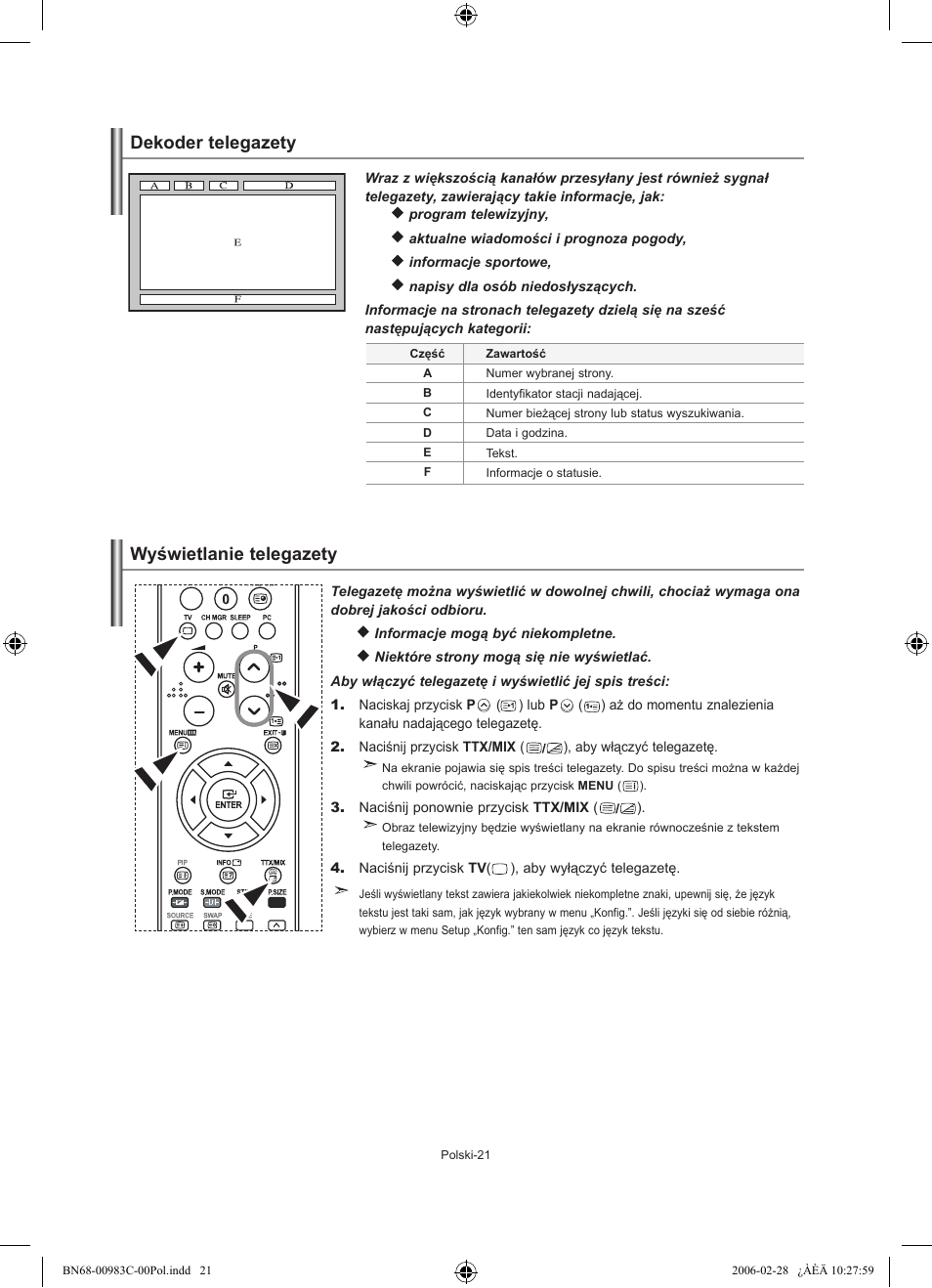 Dekoder telegazety wyświetlanie telegazety | Samsung LE32R71W User Manual | Page 75 / 212