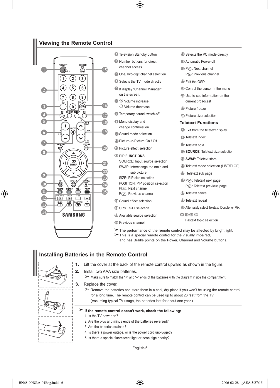 Viewing the remote control, Installing batteries in the remote control | Samsung LE32R71W User Manual | Page 8 / 212