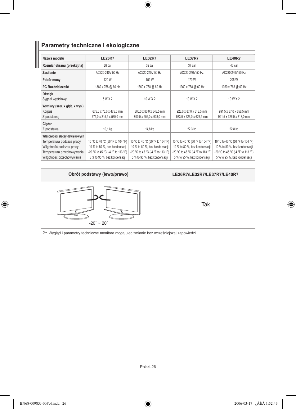 Parametry techniczne i ekologiczne | Samsung LE32R71W User Manual | Page 80 / 212