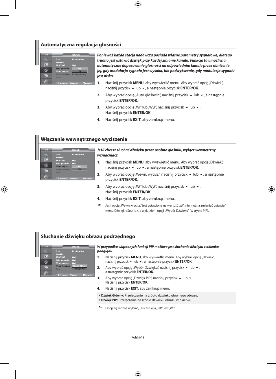 Automatyczna regulacja głośności, Włączanie wewnętrznego wyciszenia, Słuchanie dźwięku obrazu podrzędnego | Samsung LE40M91B User Manual | Page 111 / 363