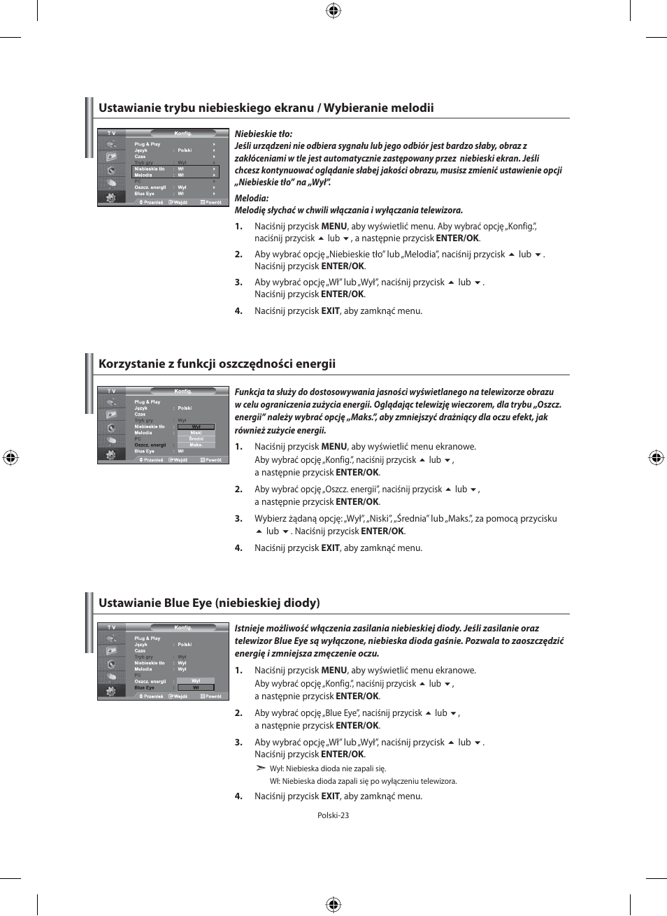 Korzystanie z funkcji oszczędności energii, Ustawianie blue eye (niebieskiej diody) | Samsung LE40M91B User Manual | Page 115 / 363