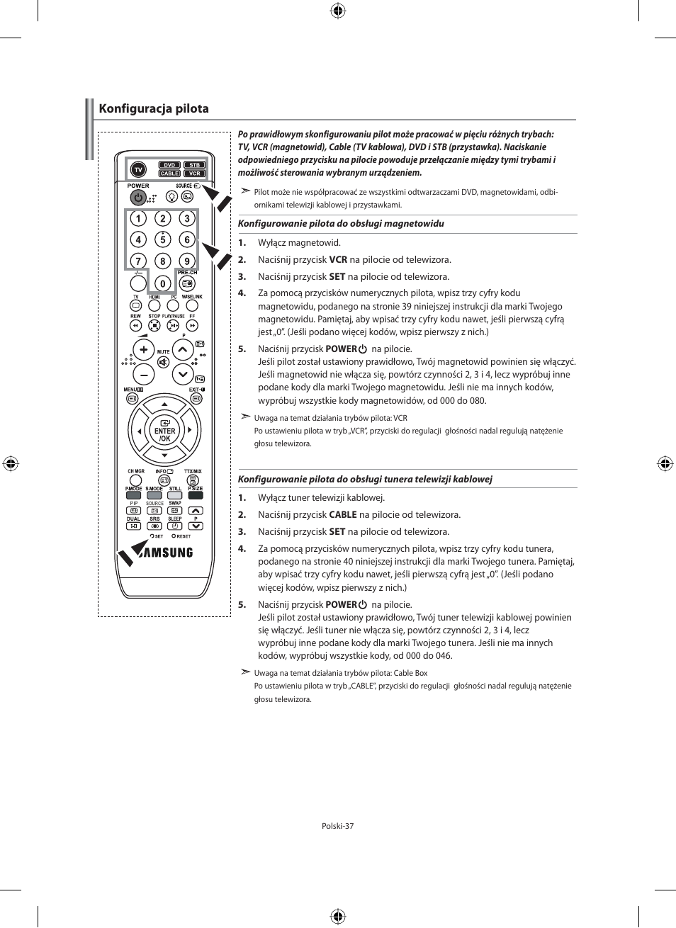Konfiguracja pilota | Samsung LE40M91B User Manual | Page 129 / 363