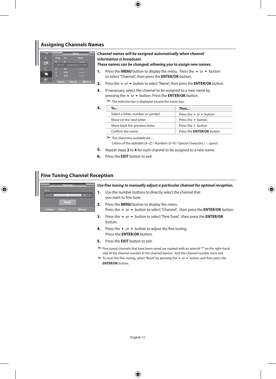 Assigning channels names, Fine tuning channel reception | Samsung LE40M91B User Manual | Page 13 / 363
