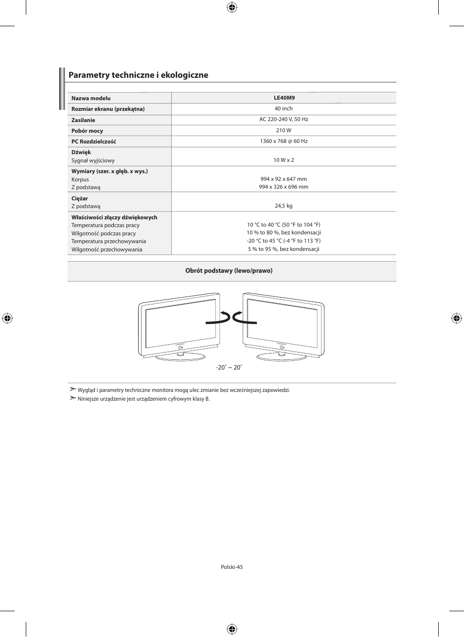 Parametry techniczne i ekologiczne | Samsung LE40M91B User Manual | Page 137 / 363
