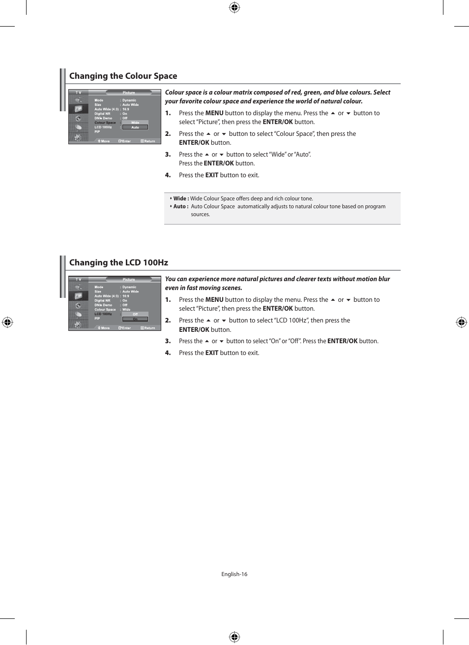 Changing the colour space, Changing the lcd 100hz | Samsung LE40M91B User Manual | Page 18 / 363