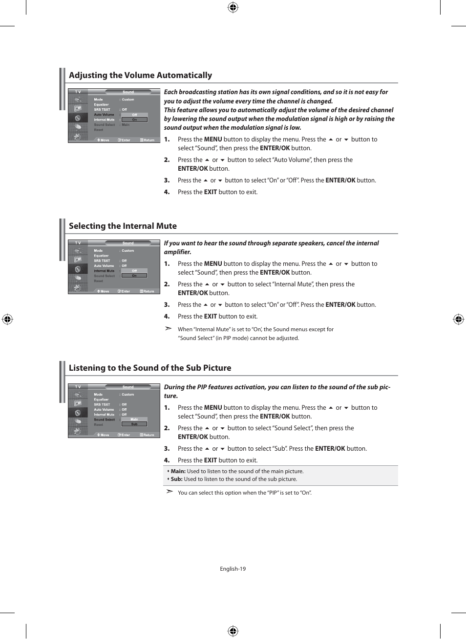 Adjusting the volume automatically, Selecting the internal mute, Listening to the sound of the sub picture | Samsung LE40M91B User Manual | Page 21 / 363