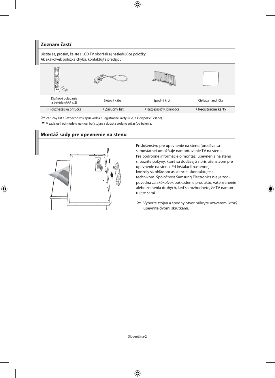 Zoznam častí, Montáž sady pre upevnenie na stenu | Samsung LE40M91B User Manual | Page 229 / 363
