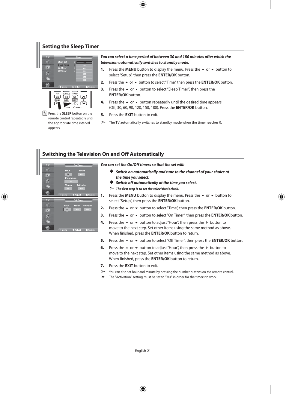 Setting the sleep timer, Switching the television on and off automatically | Samsung LE40M91B User Manual | Page 23 / 363