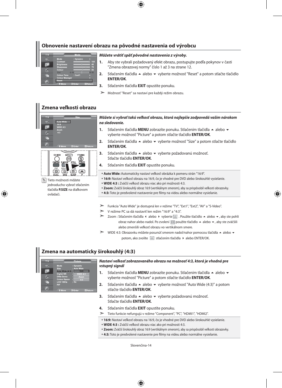 Zmena veľkosti obrazu, Zmena na automaticky širokouhlý (4:3) | Samsung LE40M91B User Manual | Page 241 / 363