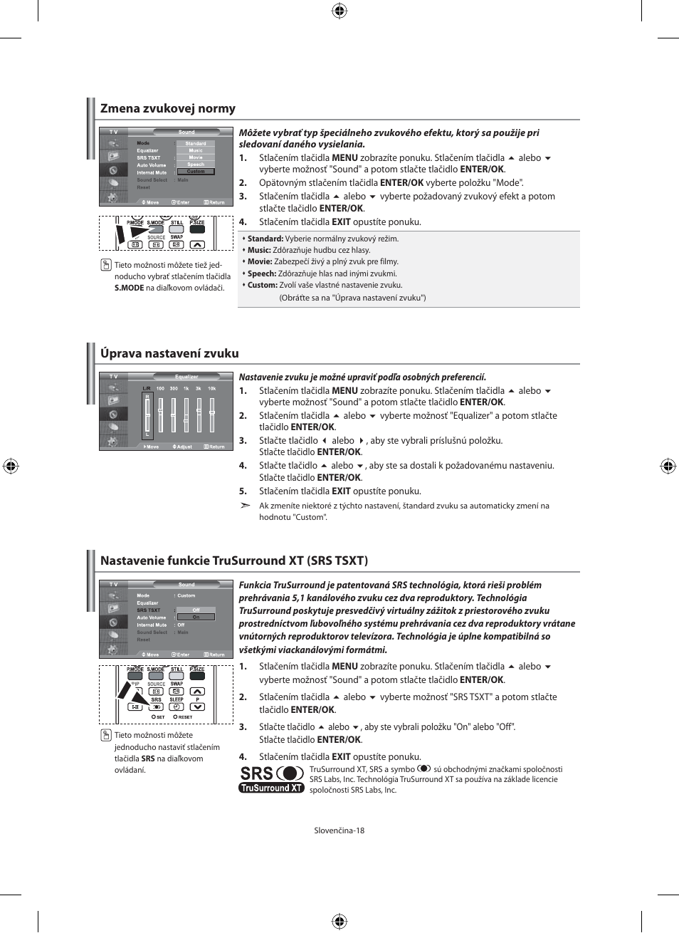 Zmena zvukovej normy, Úprava nastavení zvuku, Nastavenie funkcie trusurround xt (srs tsxt) | Samsung LE40M91B User Manual | Page 245 / 363