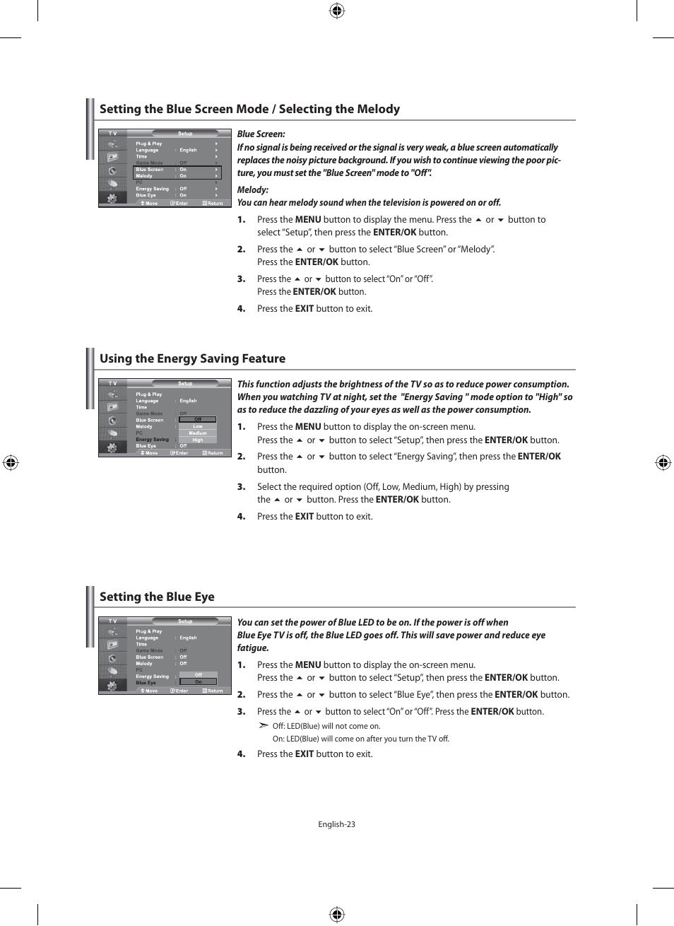 Using the energy saving feature, Setting the blue eye | Samsung LE40M91B User Manual | Page 25 / 363