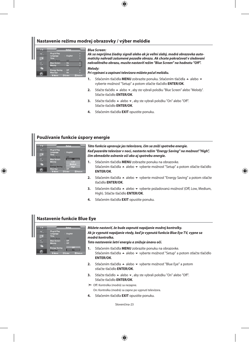 Nastavenie režimu modrej obrazovky / výber melódie, Používanie funkcie úspory energie, Nastavenie funkcie blue eye | Samsung LE40M91B User Manual | Page 250 / 363