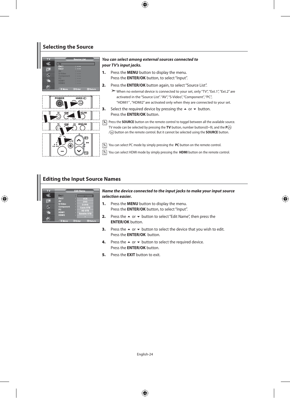 Selecting the source, Editing the input source names | Samsung LE40M91B User Manual | Page 26 / 363
