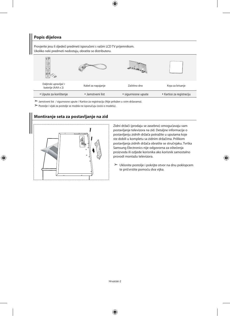 Popis dijelova, Montiranje seta za postavljanje na zid | Samsung LE40M91B User Manual | Page 274 / 363