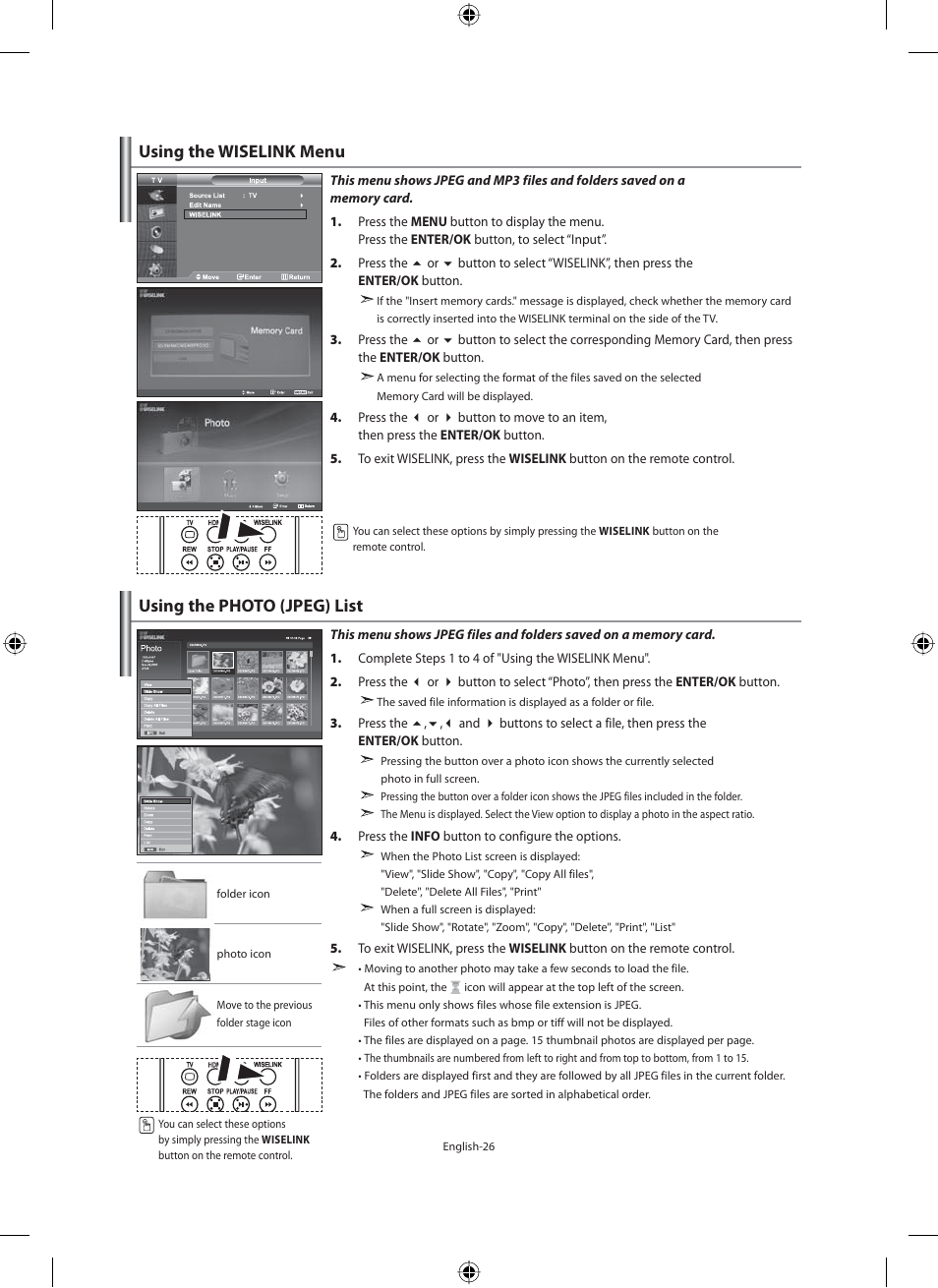 Using the wiselink menu, Using the photo (jpeg) list | Samsung LE40M91B User Manual | Page 28 / 363