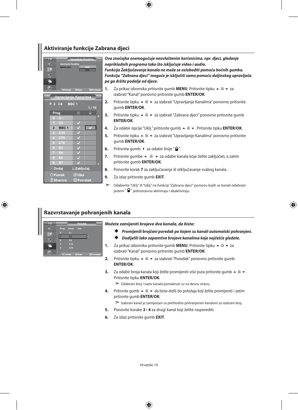 Razvrstavanje pohranjenih kanala, Aktiviranje funkcije zabrana djeci | Samsung LE40M91B User Manual | Page 282 / 363