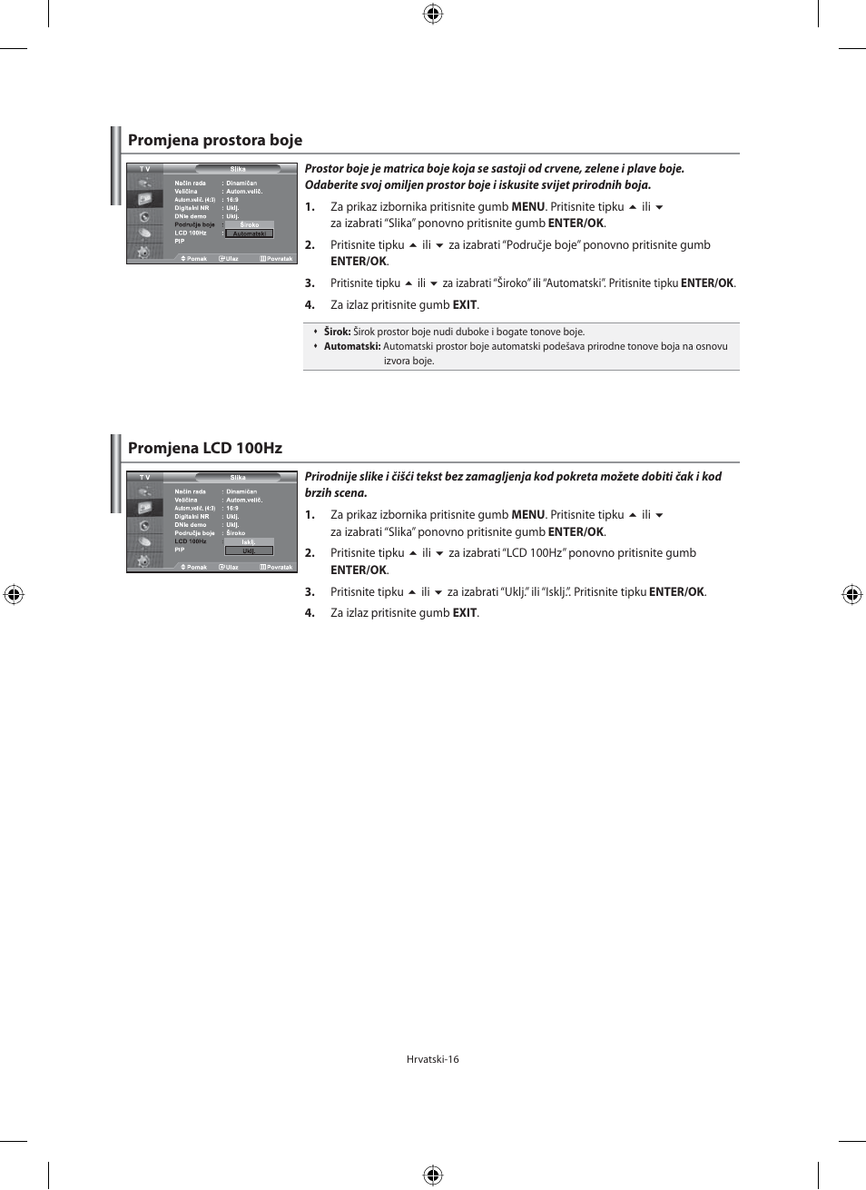 Promjena prostora boje, Promjena lcd 100hz | Samsung LE40M91B User Manual | Page 288 / 363