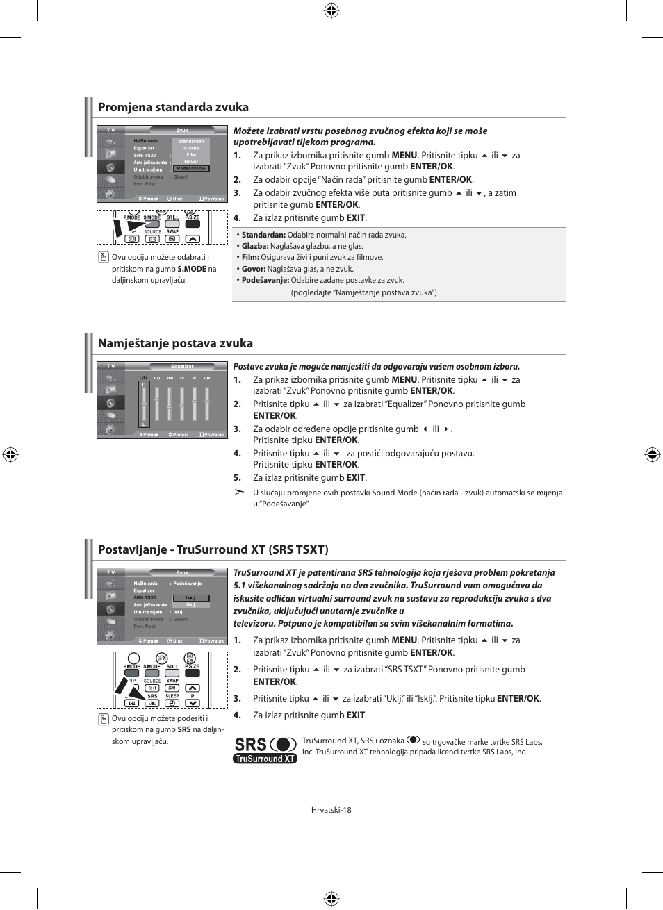 Promjena standarda zvuka, Namještanje postava zvuka, Postavljanje - trusurround xt (srs tsxt) | Samsung LE40M91B User Manual | Page 290 / 363