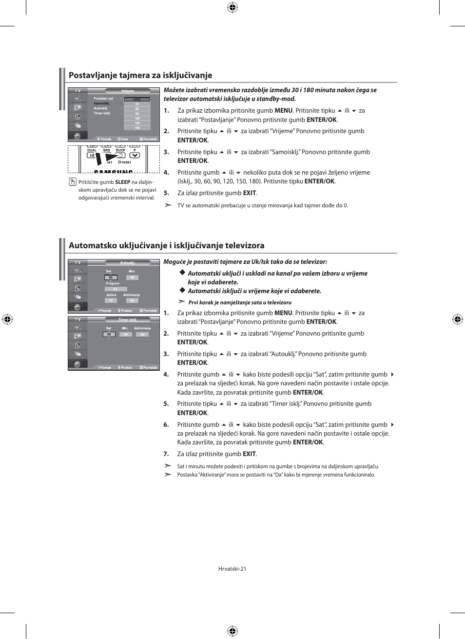 Postavljanje tajmera za isključivanje, Automatsko uključivanje i isključivanje televizora | Samsung LE40M91B User Manual | Page 293 / 363